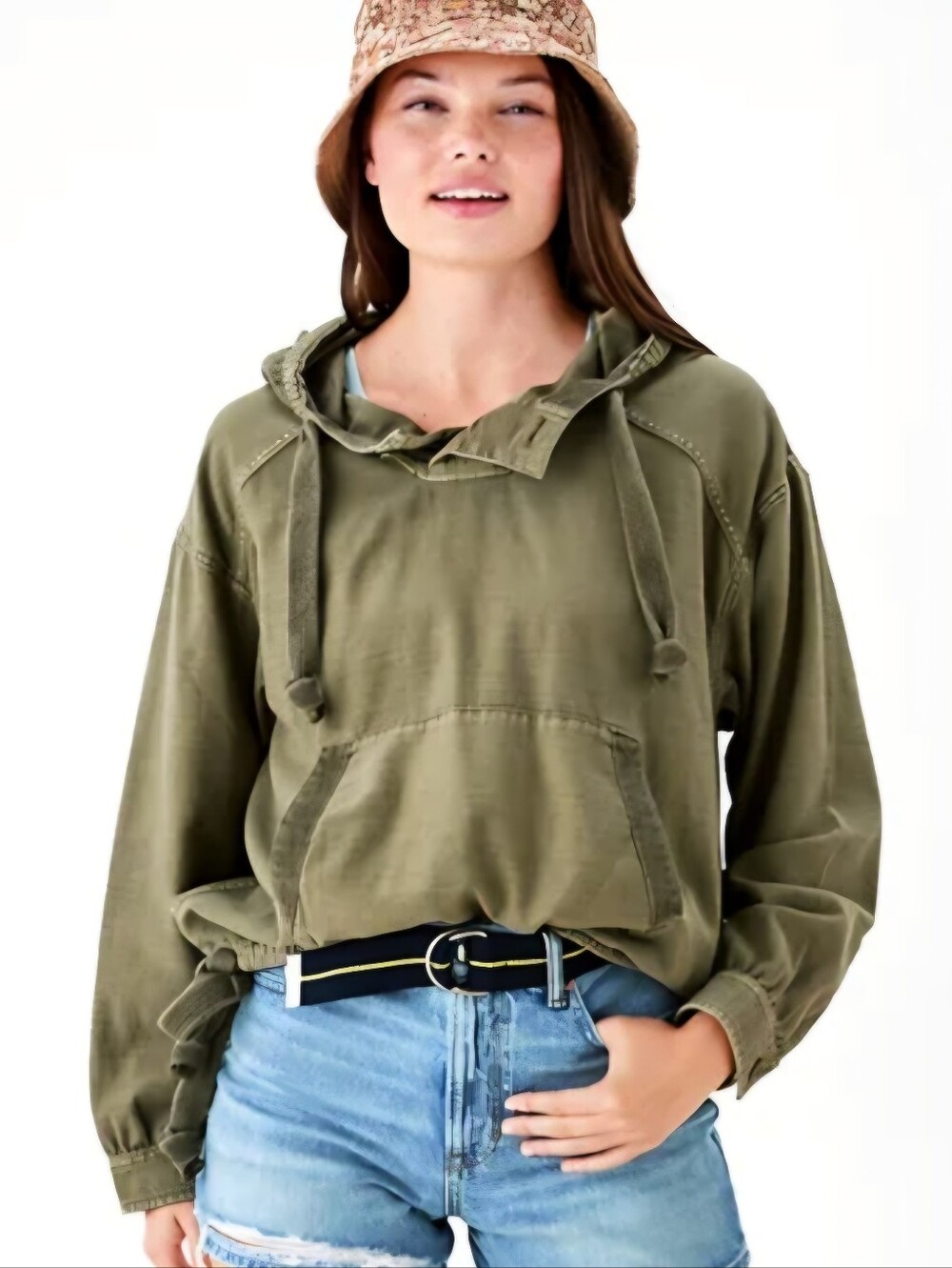 American Eagle military Style hoodie olive green top shirt long sleeve Pockets L